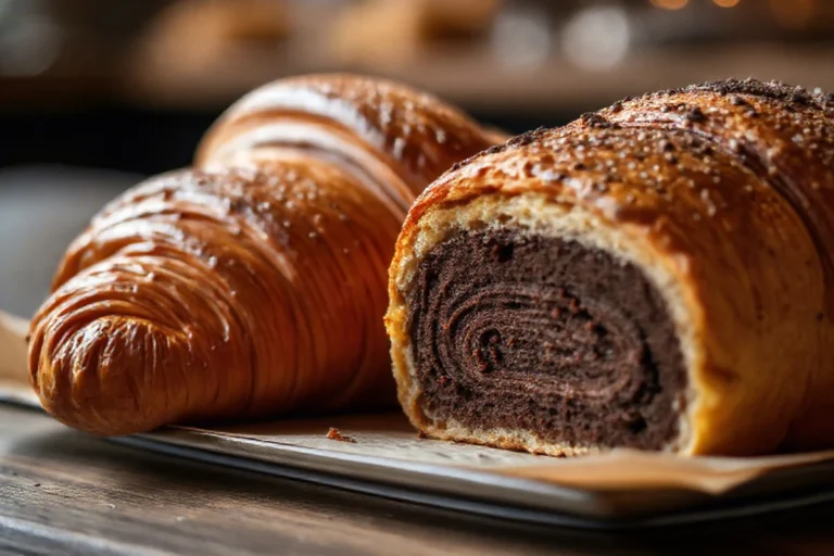 A classic croissant and pain au chocolat side by side, showcasing their distinct shapes and flaky layers.