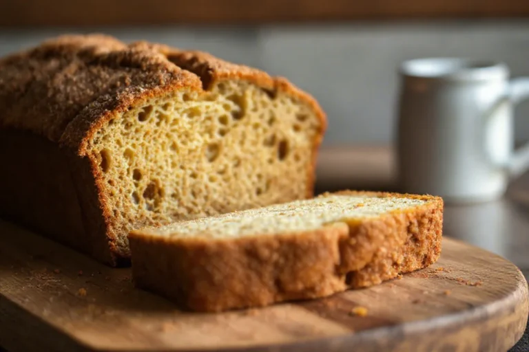 A close-up of sliced snickerdoodle zucchini bread with a golden cinnamon-sugar crust.