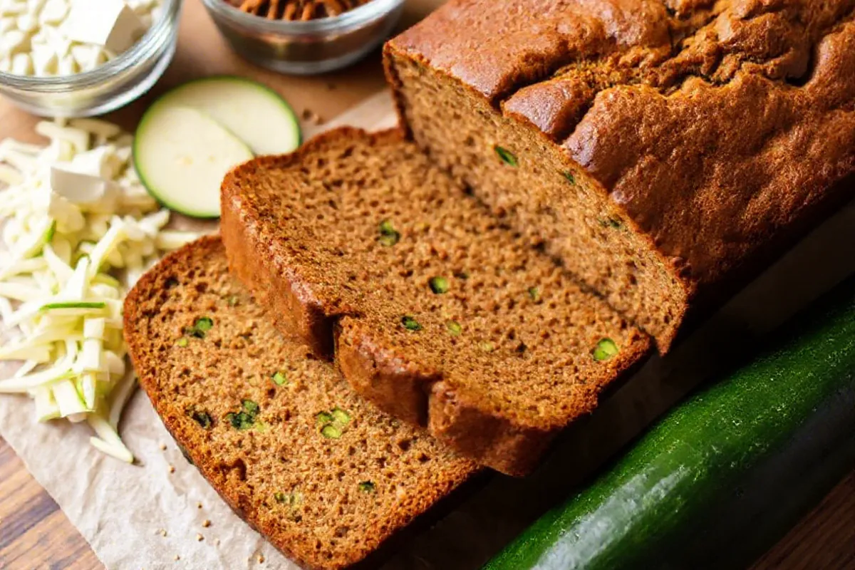 Moist slice of banana zucchini bread on a wooden board.