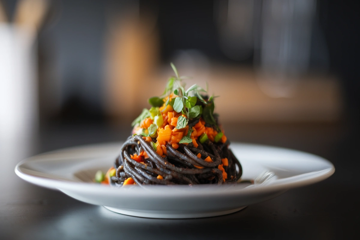 Black spaghetti with seafood and herbs

