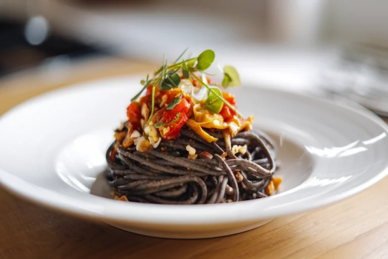 Black spaghetti with seafood and herbs