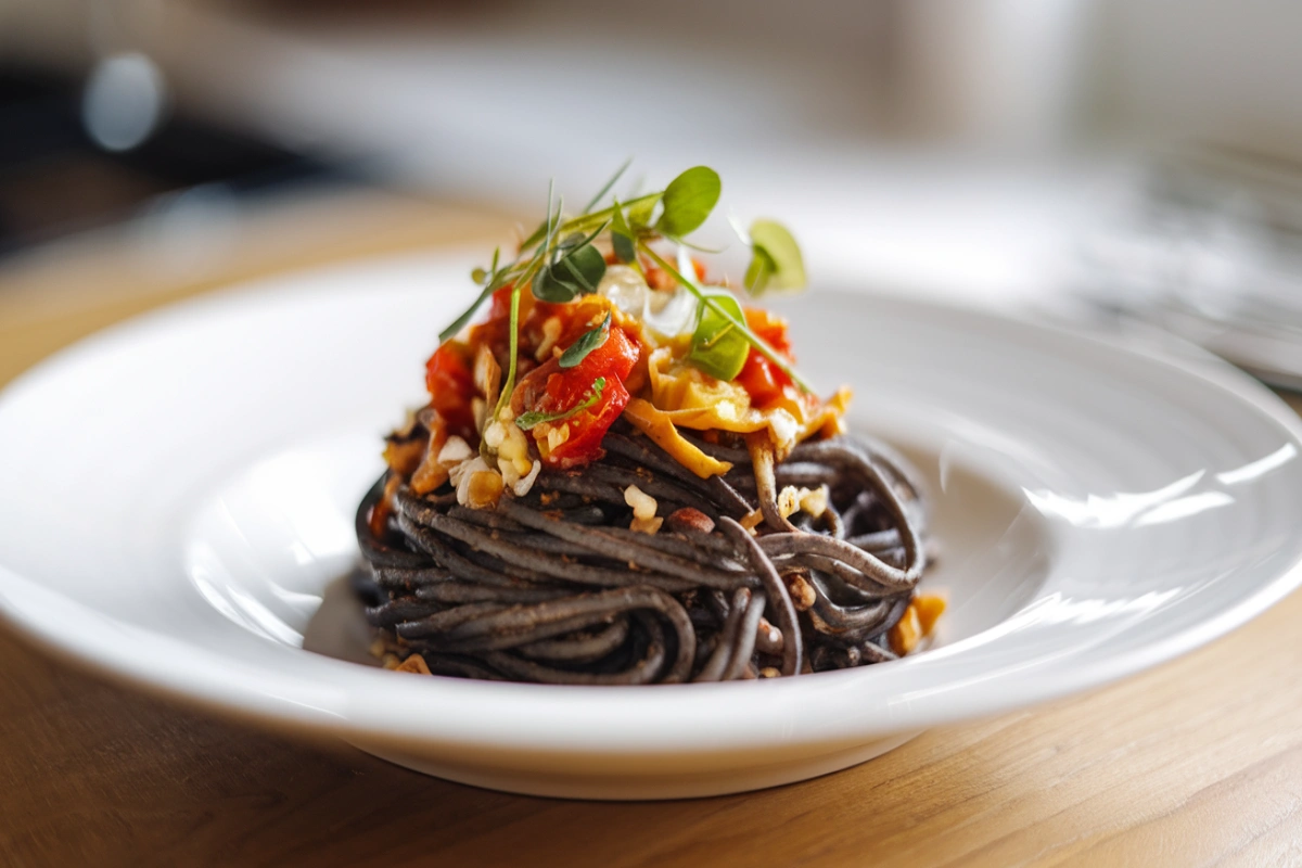 Black spaghetti with seafood and herbs