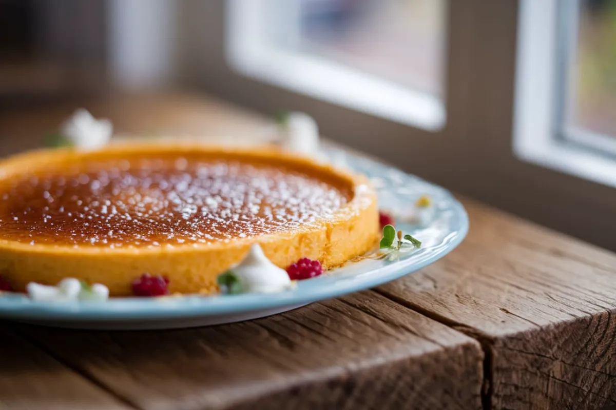 Golden caramelized crème brûlée topped with fresh berries.
