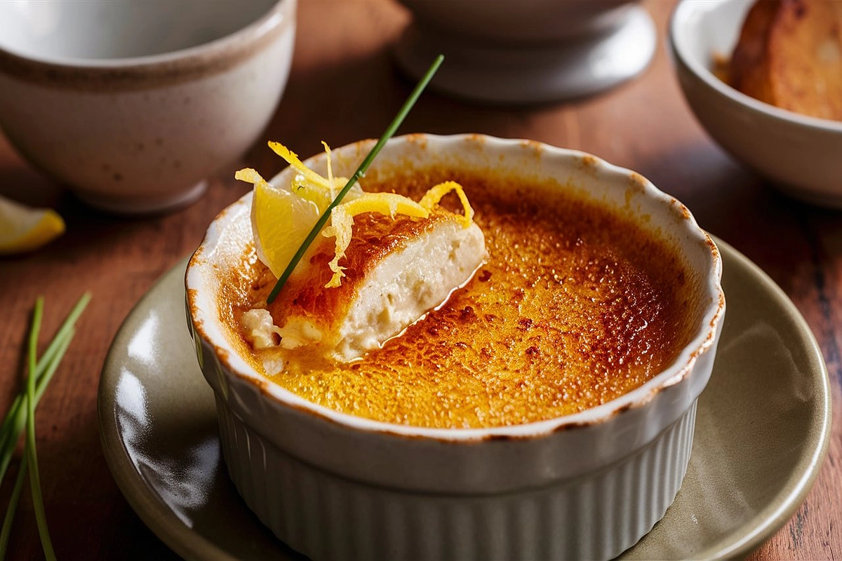 Crab Brulee served in elegant ramekins with a caramelized sugar top