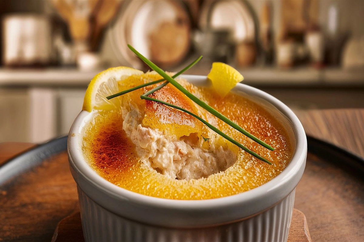 Crab Brulee served in elegant ramekins with a caramelized sugar top