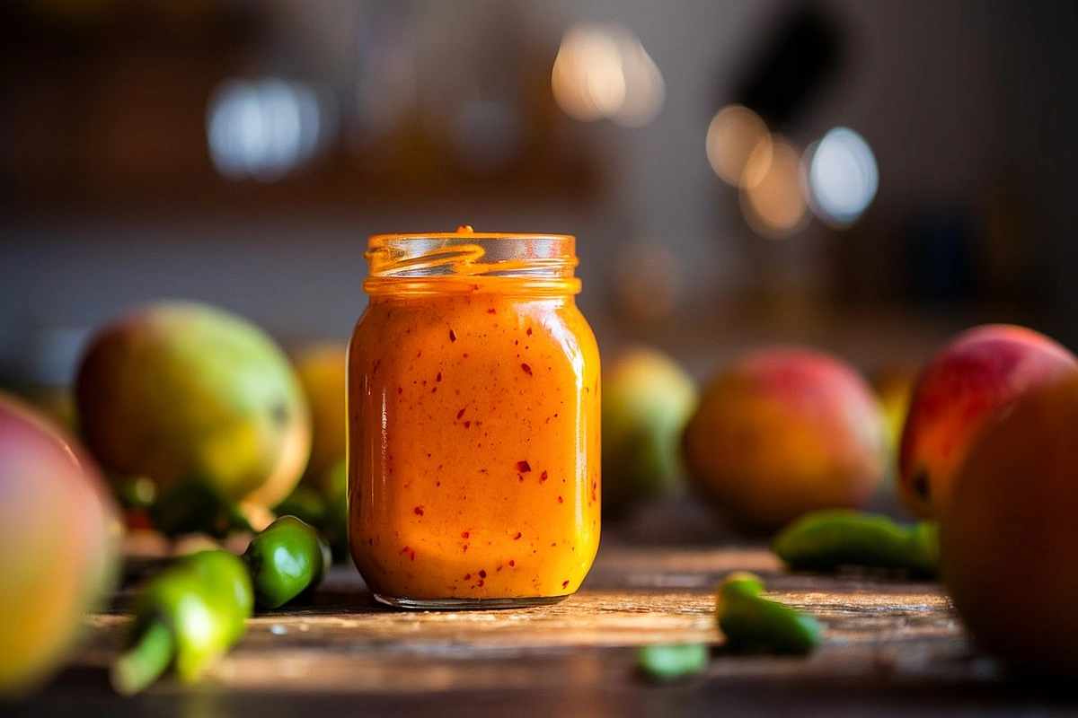 A vibrant jar of homemade Mango Habanero Sauce with fresh mangoes and habanero peppers