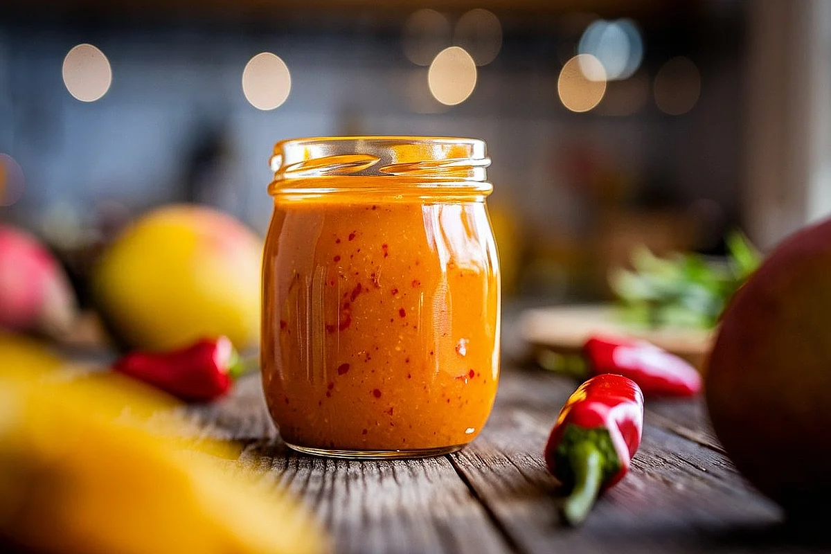 A vibrant jar of homemade Mango Habanero Sauce with fresh mangoes and habanero peppers