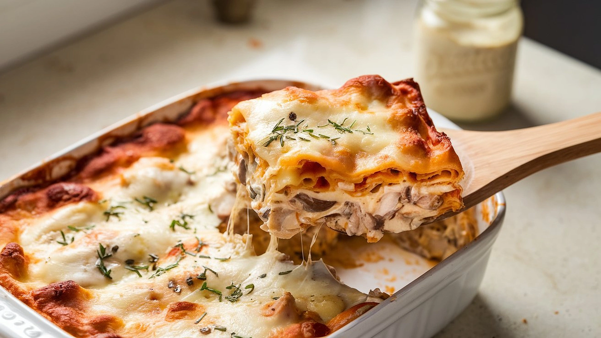 Layered Mushroom Chicken Alfredo Lasagna with golden-brown cheese topping