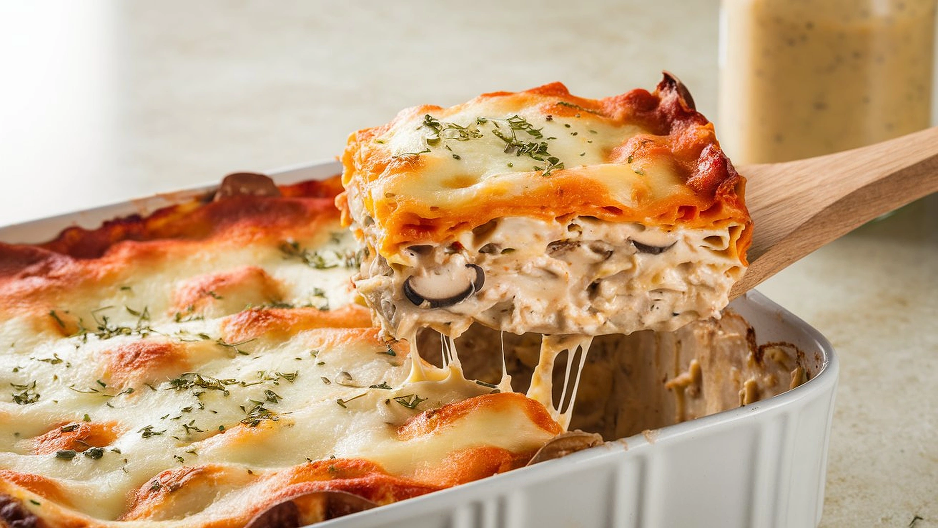 Layered Mushroom Chicken Alfredo Lasagna with golden-brown cheese topping