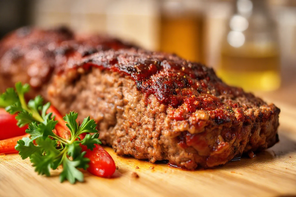 A perfectly smoked meatloaf sliced and served on a plate with a side of mashed potatoes and green beans.