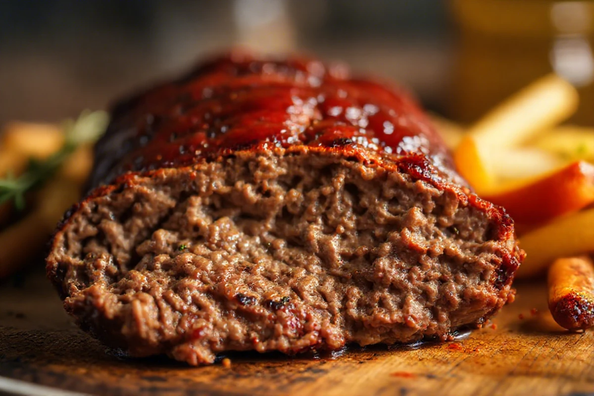 A perfectly smoked meatloaf sliced and served on a plate with a side of mashed potatoes and green beans.