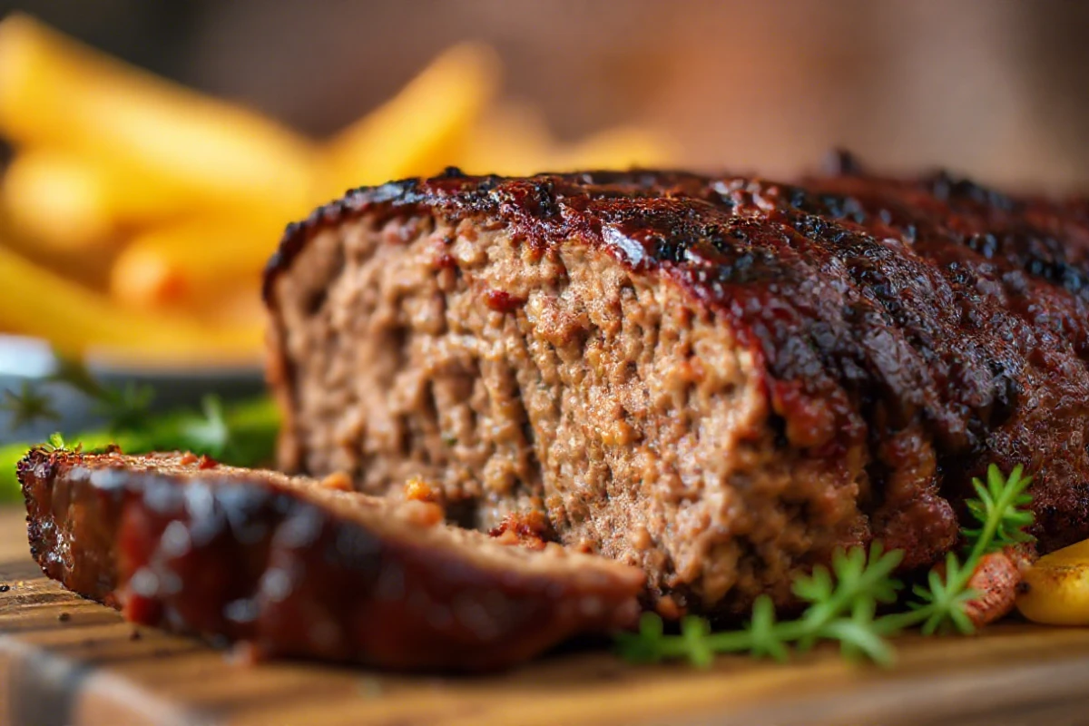 A perfectly smoked meatloaf sliced and served on a plate with a side of mashed potatoes and green beans.