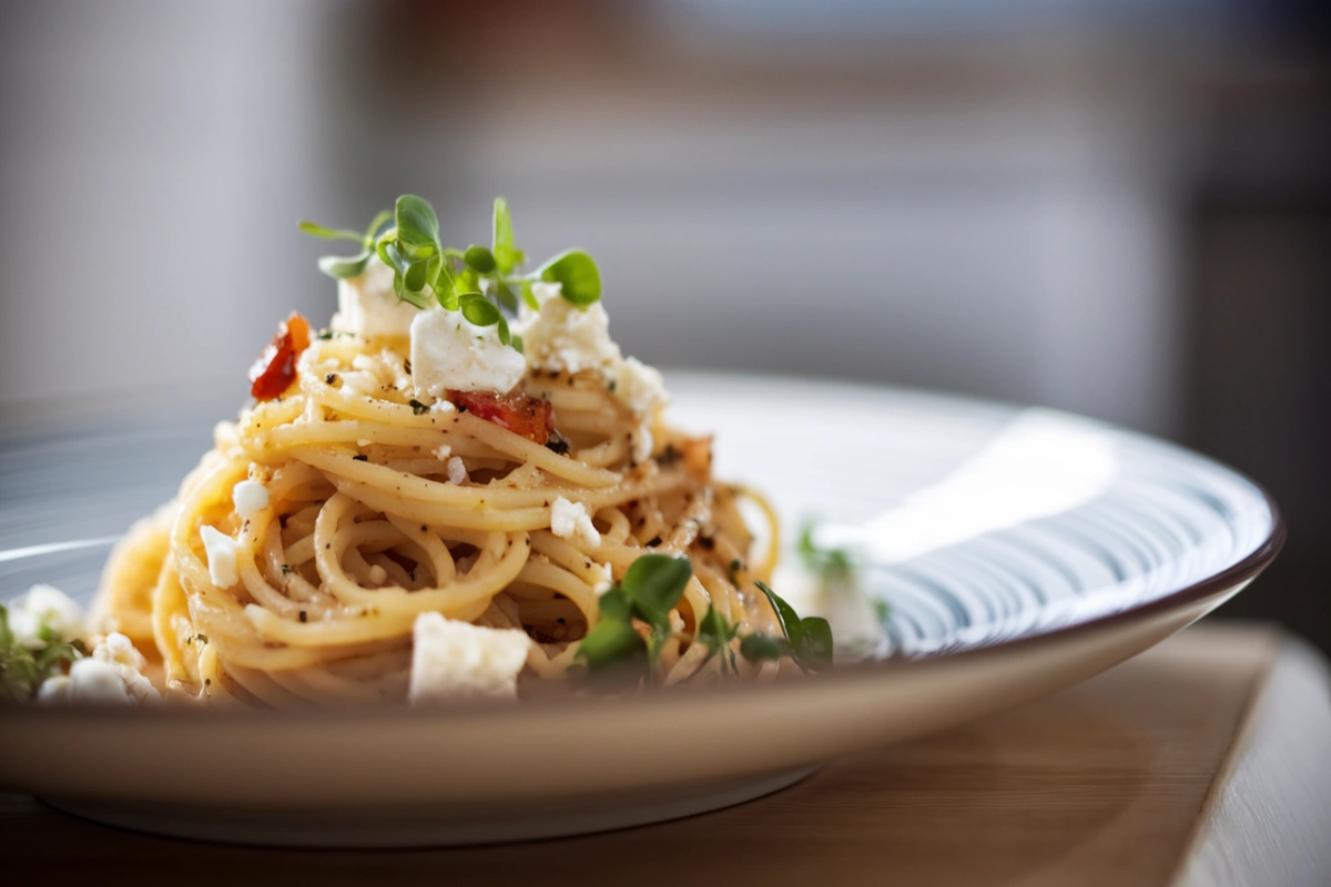 A bowl of spaghetti with crumbled feta cheese, cherry tomatoes, olives, and fresh herbs.