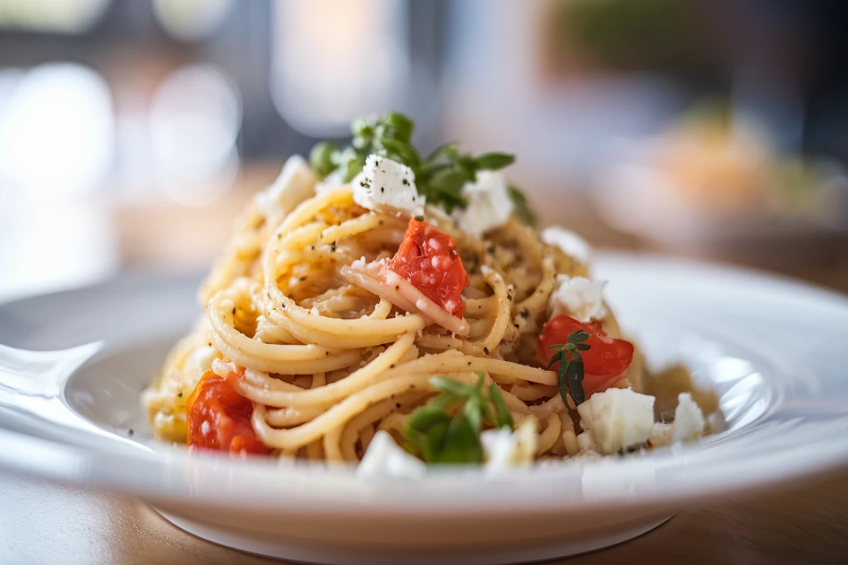 A bowl of spaghetti with crumbled feta cheese, cherry tomatoes, olives, and fresh herbs.