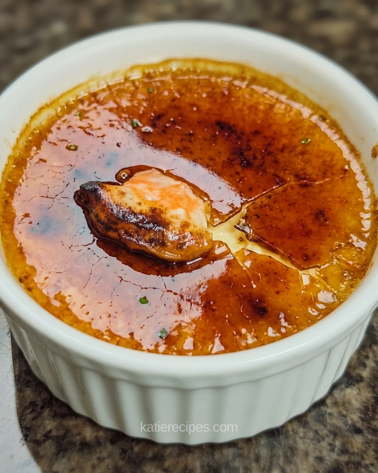 Crab brulee in a white ramekin with a cracked amber caramel crust and lump crab visible
