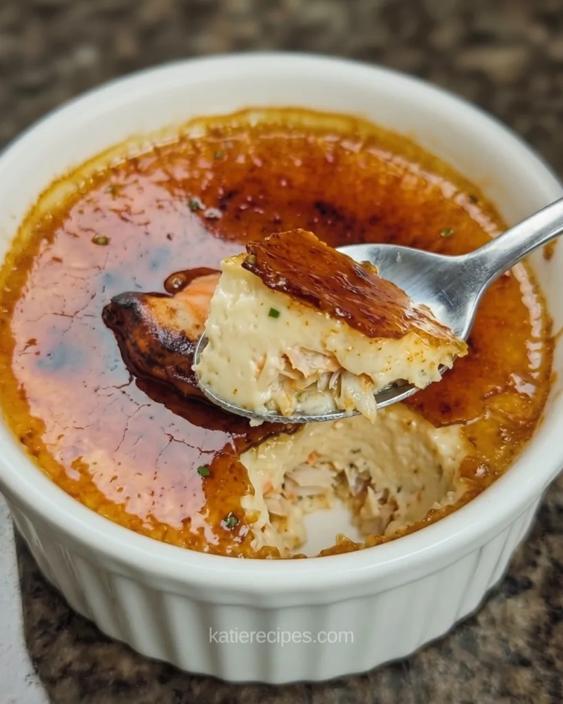 Spoonful of crab brulee showing caramel crust, creamy custard, and lump crab