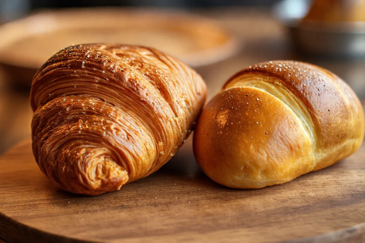 A close-up of a flaky croissant and a soft brioche bun side by side, highlighting their distinct textures and appearances.