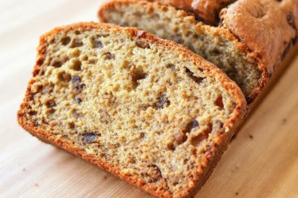 Moist slice of banana zucchini bread on a wooden board.