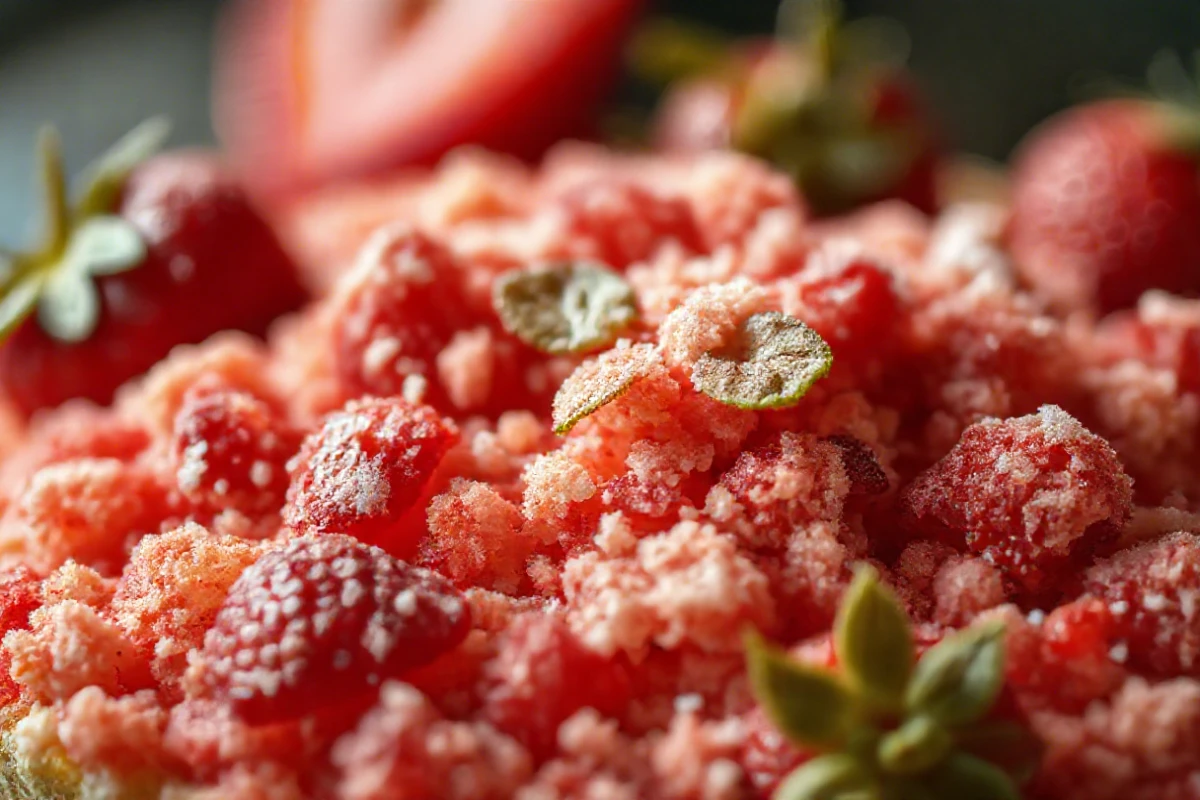 A close-up of strawberry shortcake crunch topping, showing its vibrant color and crunchy texture, perfect for cakes and desserts.