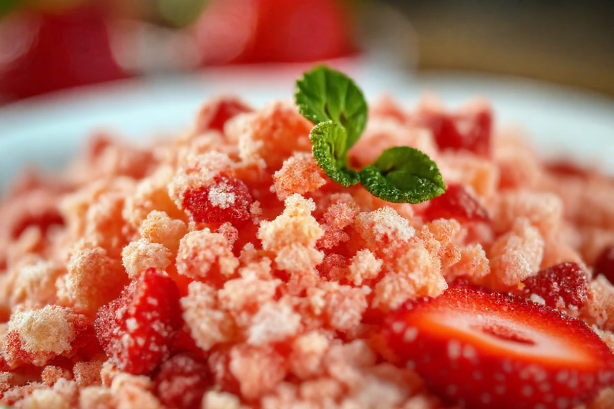 A close-up of strawberry shortcake crunch topping, showing its vibrant color and crunchy texture, perfect for cakes and desserts.