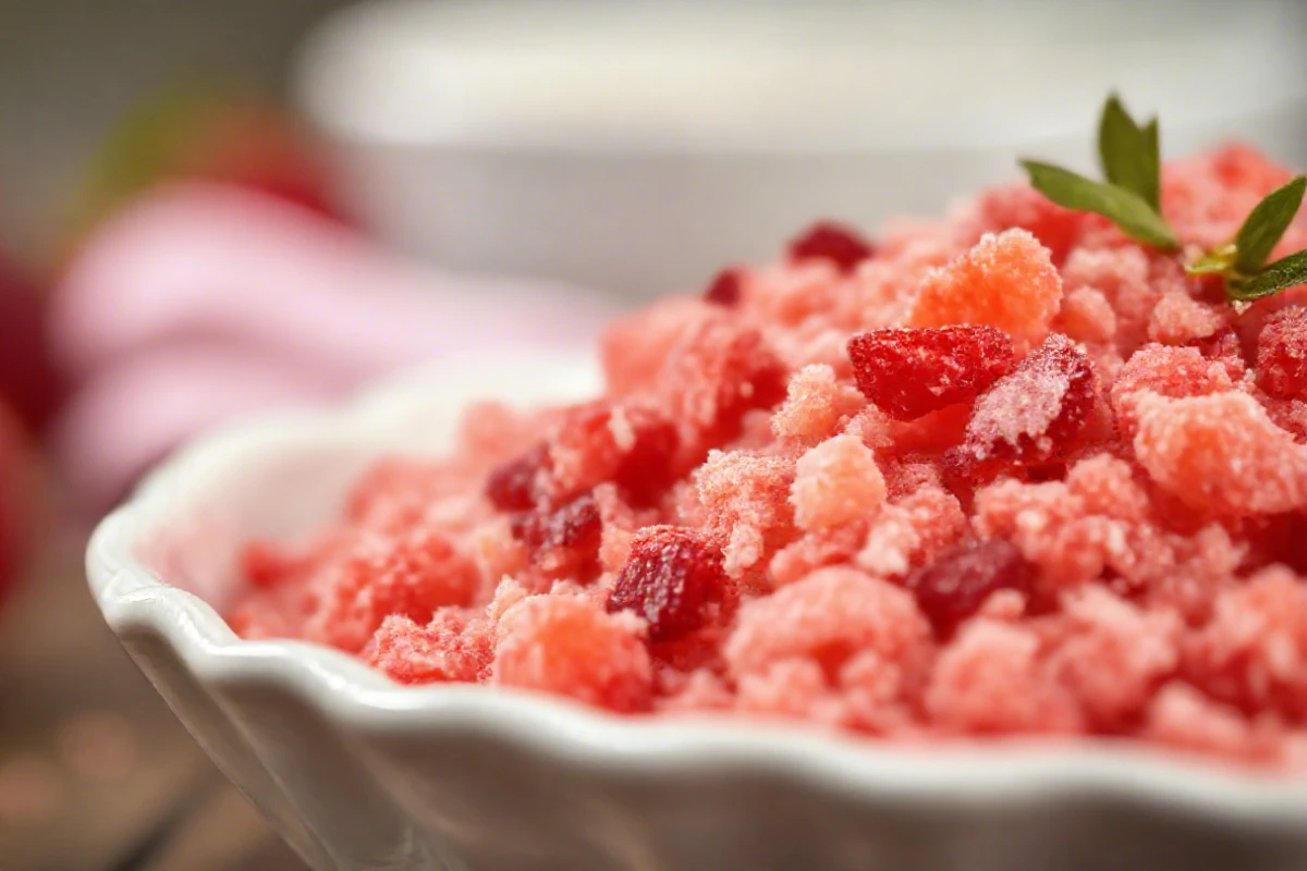 A close-up of strawberry shortcake crunch topping, showing its vibrant color and crunchy texture, perfect for cakes and desserts.