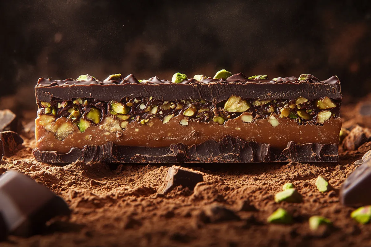 Close-up of the viral Dubai chocolate bar, showcasing its rich layers of Belgian chocolate, pistachios, and kataifi filling.