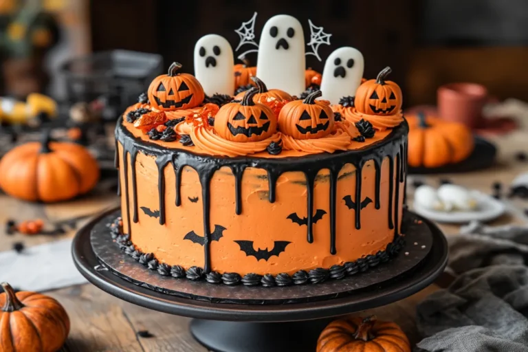 A Halloween birthday cake with spooky decorations, pumpkins, and ghost toppers.