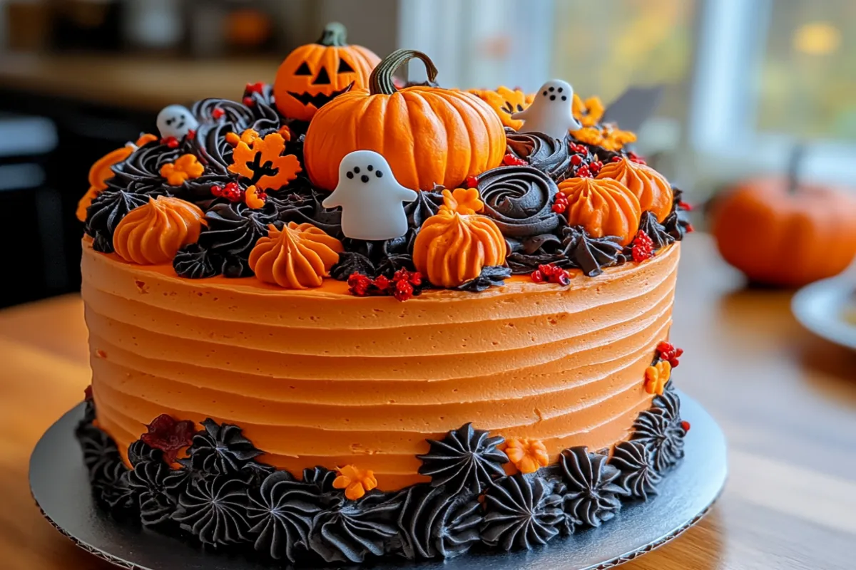 A Halloween birthday cake with spooky decorations, pumpkins, and ghost toppers.