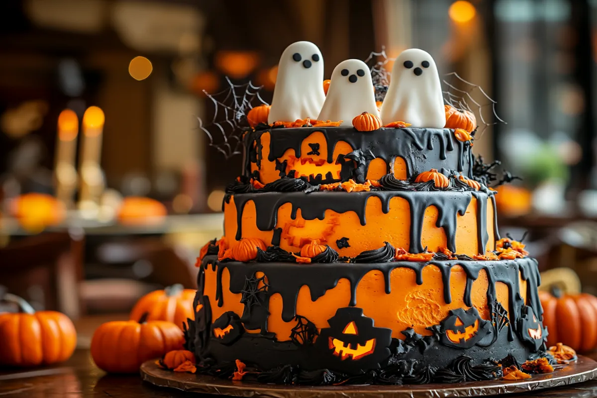 A Halloween birthday cake with spooky decorations, pumpkins, and ghost toppers.