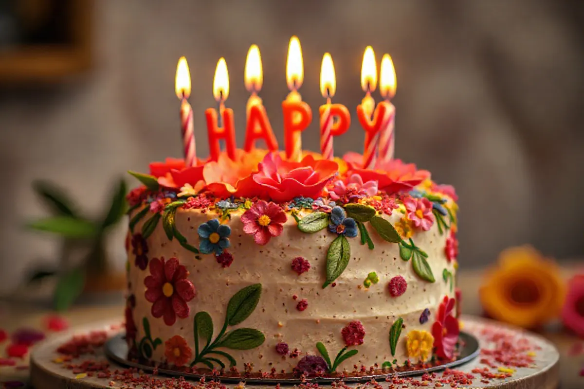 A beautifully decorated happy birthday cake with floral decorations and candles