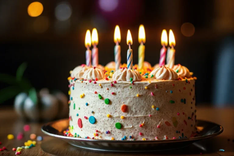 A beautifully decorated happy birthday cake with floral decorations and candles