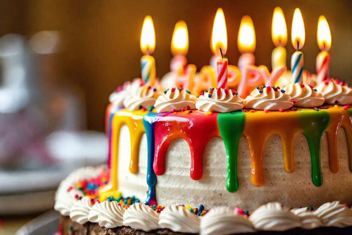 A beautifully decorated happy birthday cake with floral decorations and candles