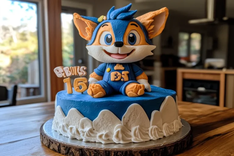 A colorful Bluey birthday cake decorated with buttercream and fondant featuring the character Bluey.