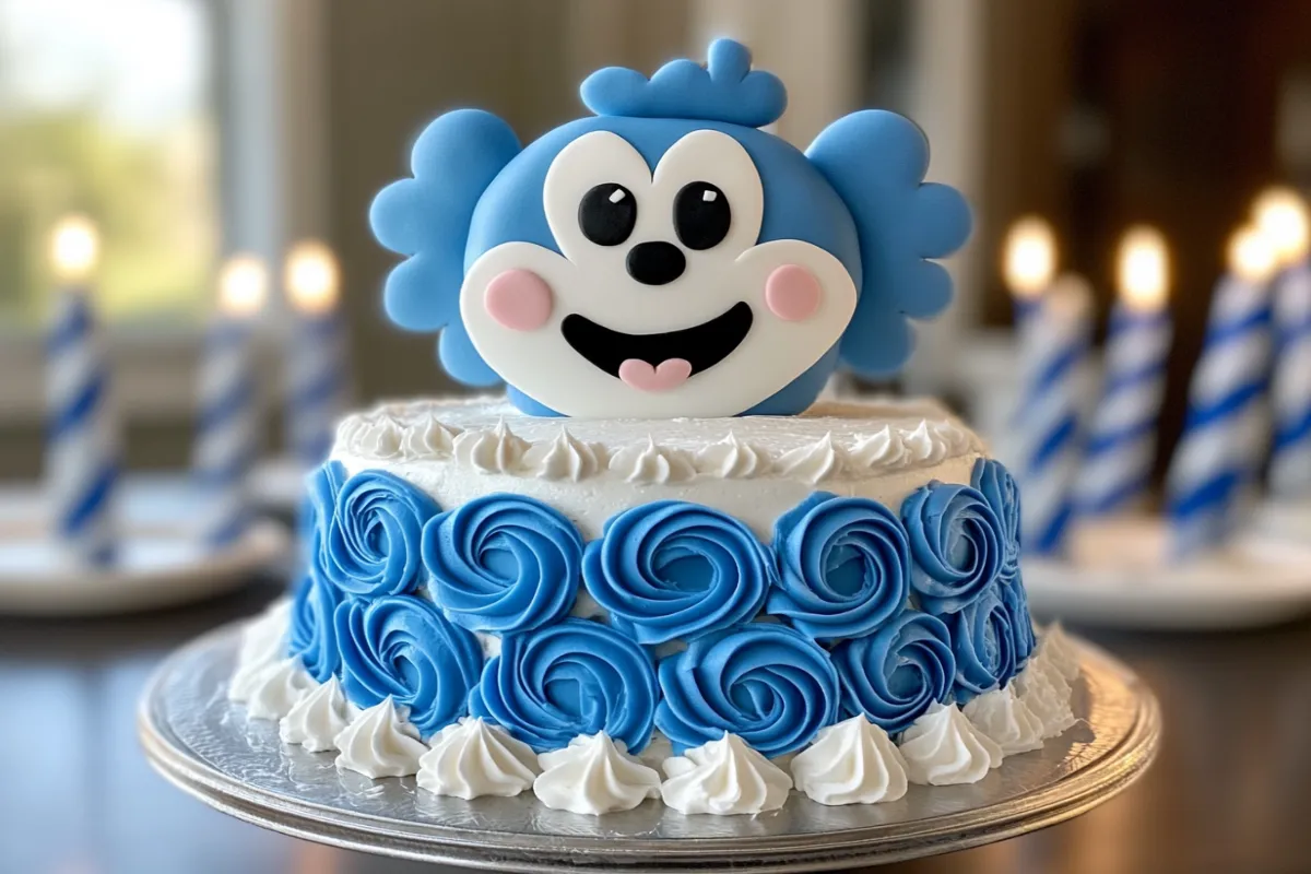 A colorful Bluey birthday cake decorated with buttercream and fondant featuring the character Bluey.