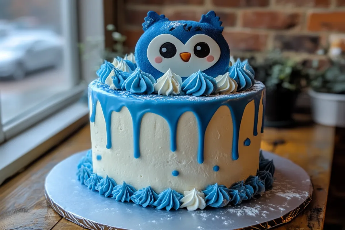 A colorful Bluey birthday cake decorated with buttercream and fondant featuring the character Bluey.