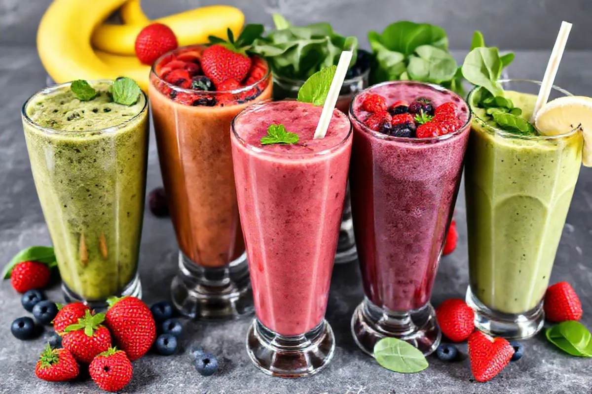 A colorful assortment of meal replacement smoothies in glasses, featuring fresh ingredients like berries, bananas, and spinach.