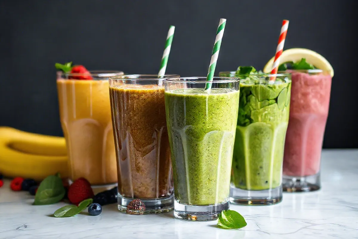 A colorful assortment of meal replacement smoothies in glasses, featuring fresh ingredients like berries, bananas, and spinach.