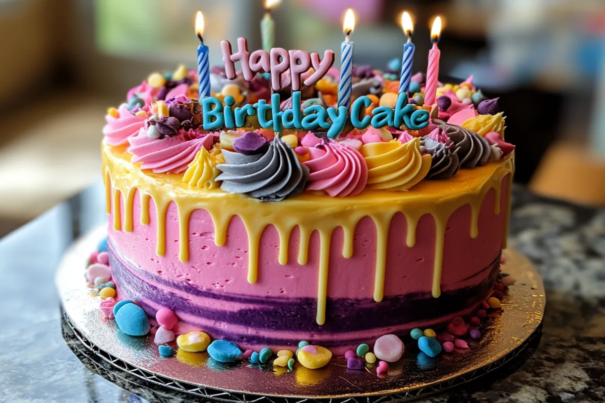 A colorful happy birthday cake with candles and fun decorations.