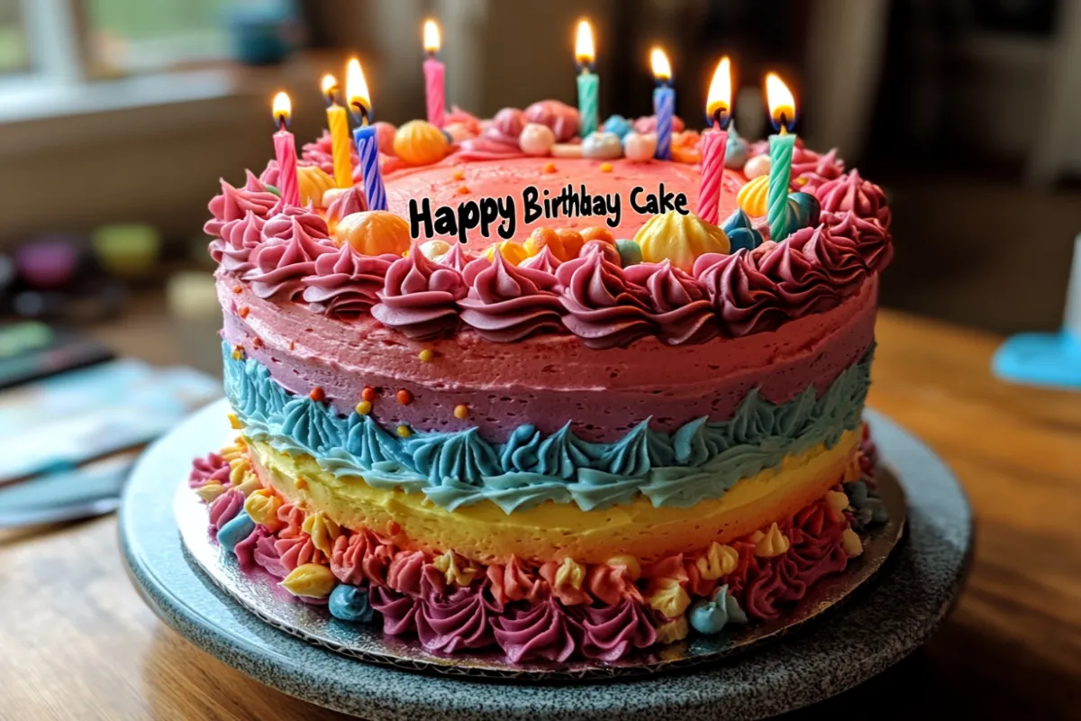 A colorful happy birthday cake with candles and fun decorations.