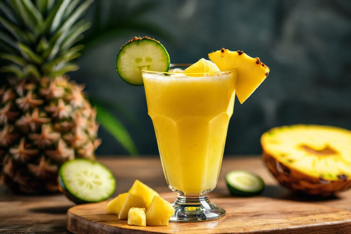 A glass of pineapple cucumber smoothie garnished with cucumber slices and a pineapple chunk.