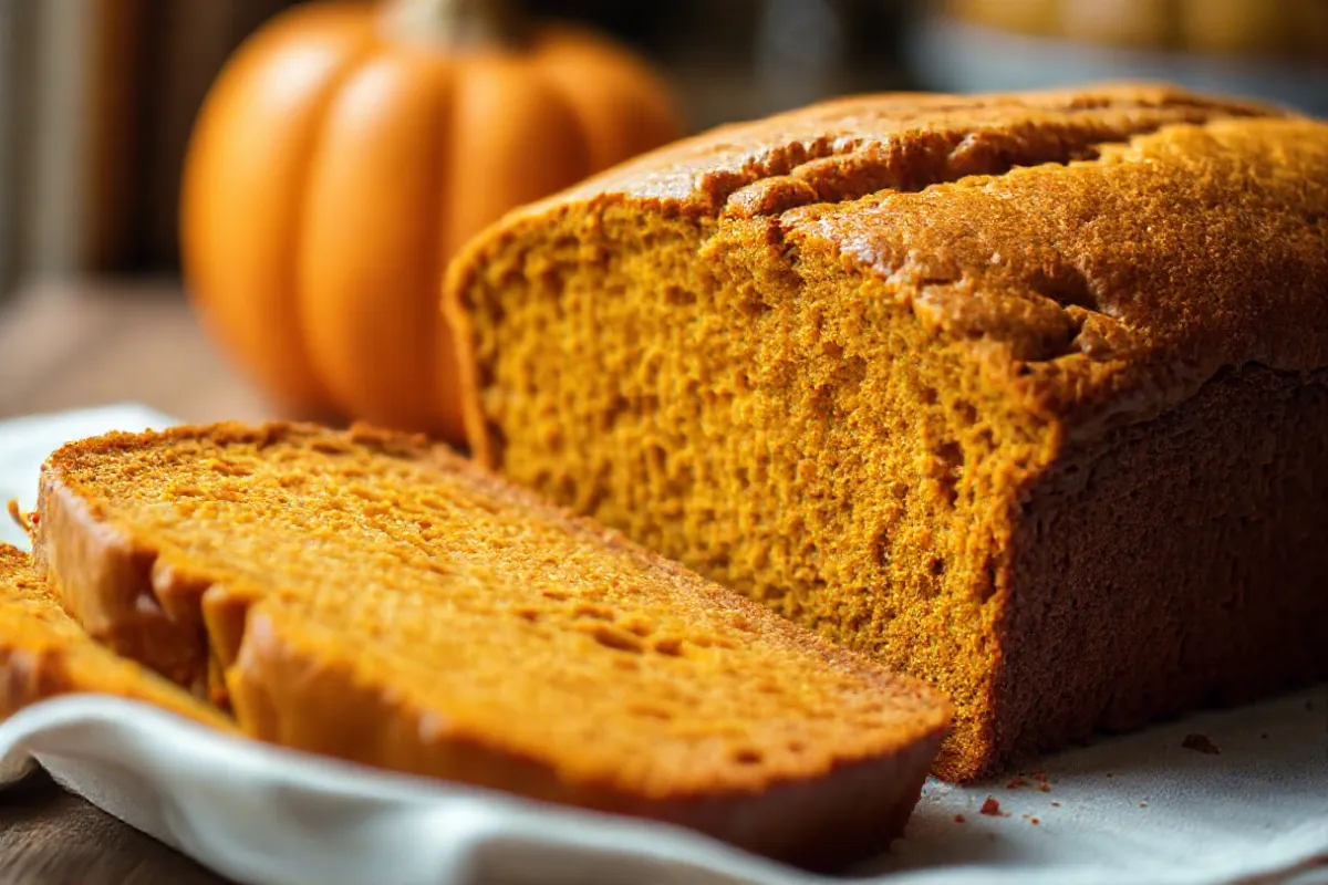 A loaf of Downeast Maine Pumpkin Bread with a golden crust and a slice revealing a moist, spiced interior.