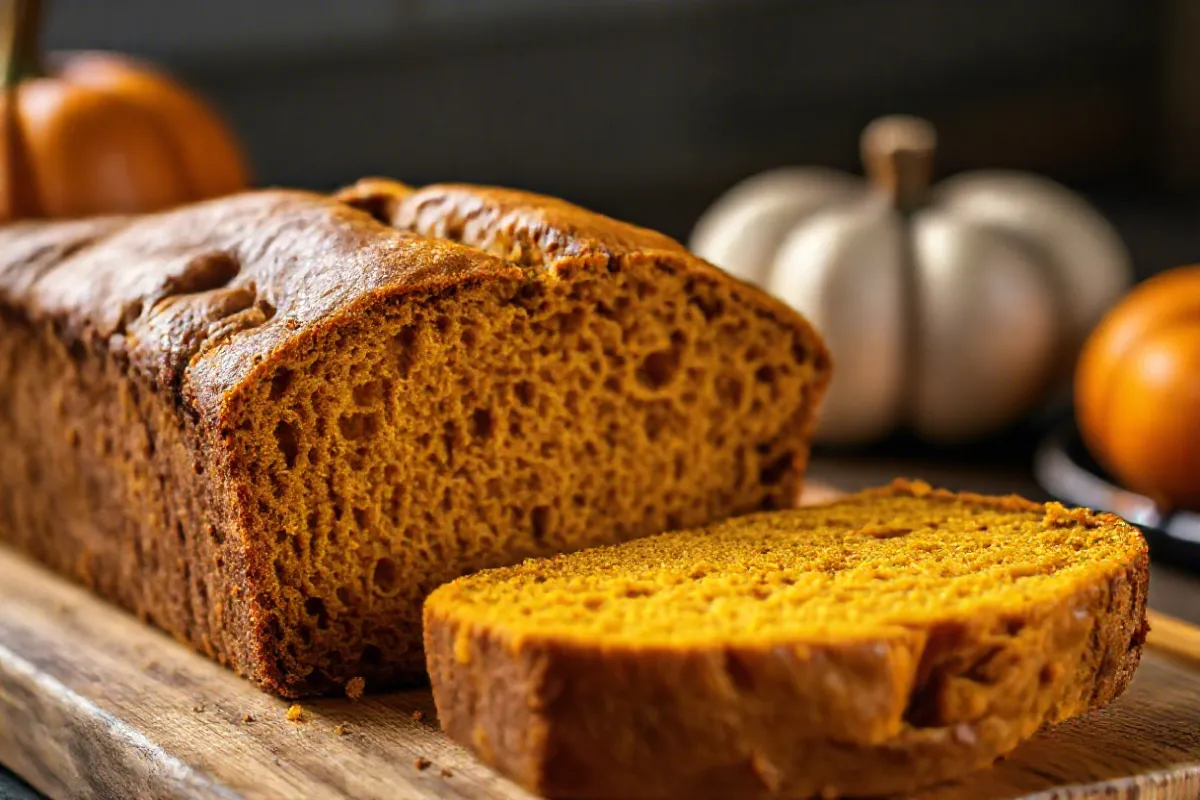 A loaf of Downeast Maine Pumpkin Bread with a golden crust and a slice revealing a moist, spiced interior.