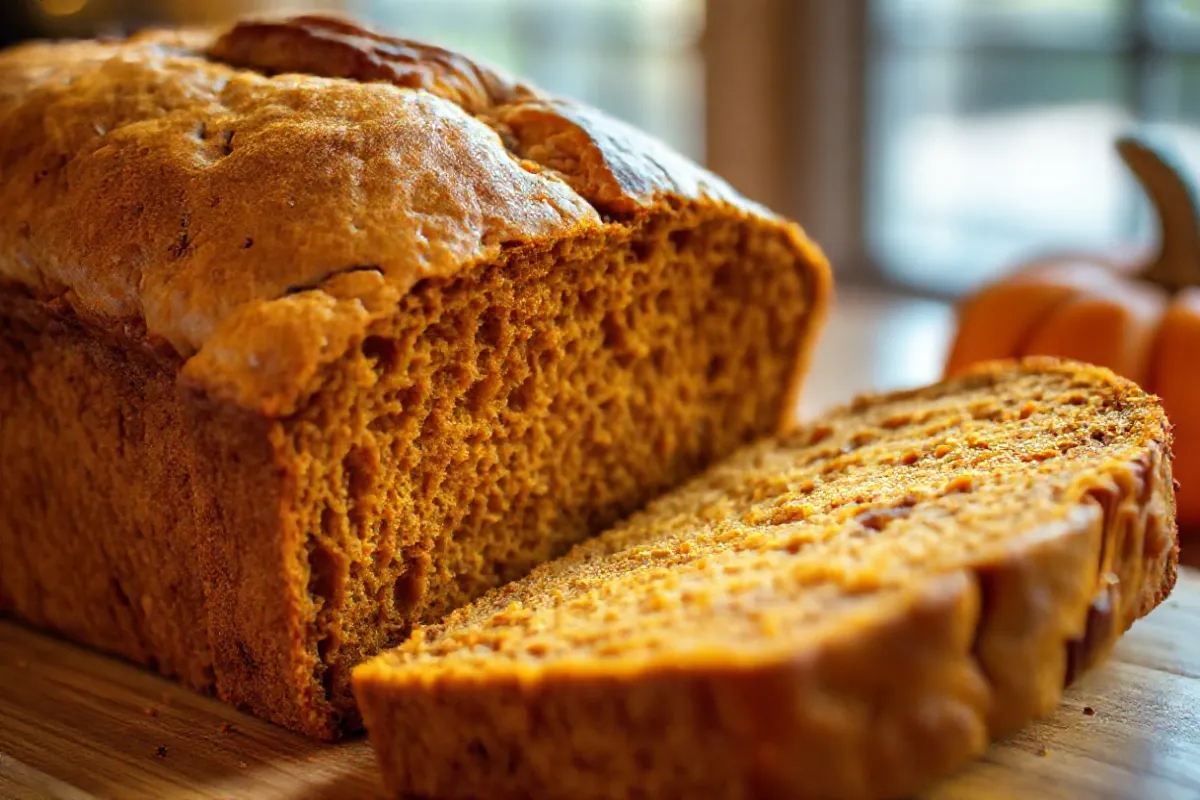 A loaf of Downeast Maine Pumpkin Bread with a golden crust and a slice revealing a moist, spiced interior.