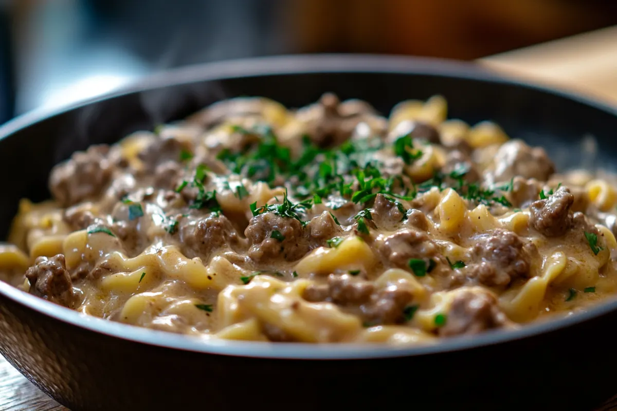 A serving of creamy Hamburger Helper Beef Stroganoff with pasta and ground beef on a plate, perfect for a quick dinner.