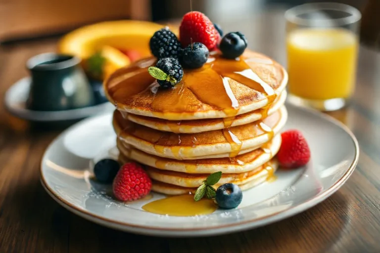 A stack of fluffy Kodiak pancakes topped with fresh berries and syrup.