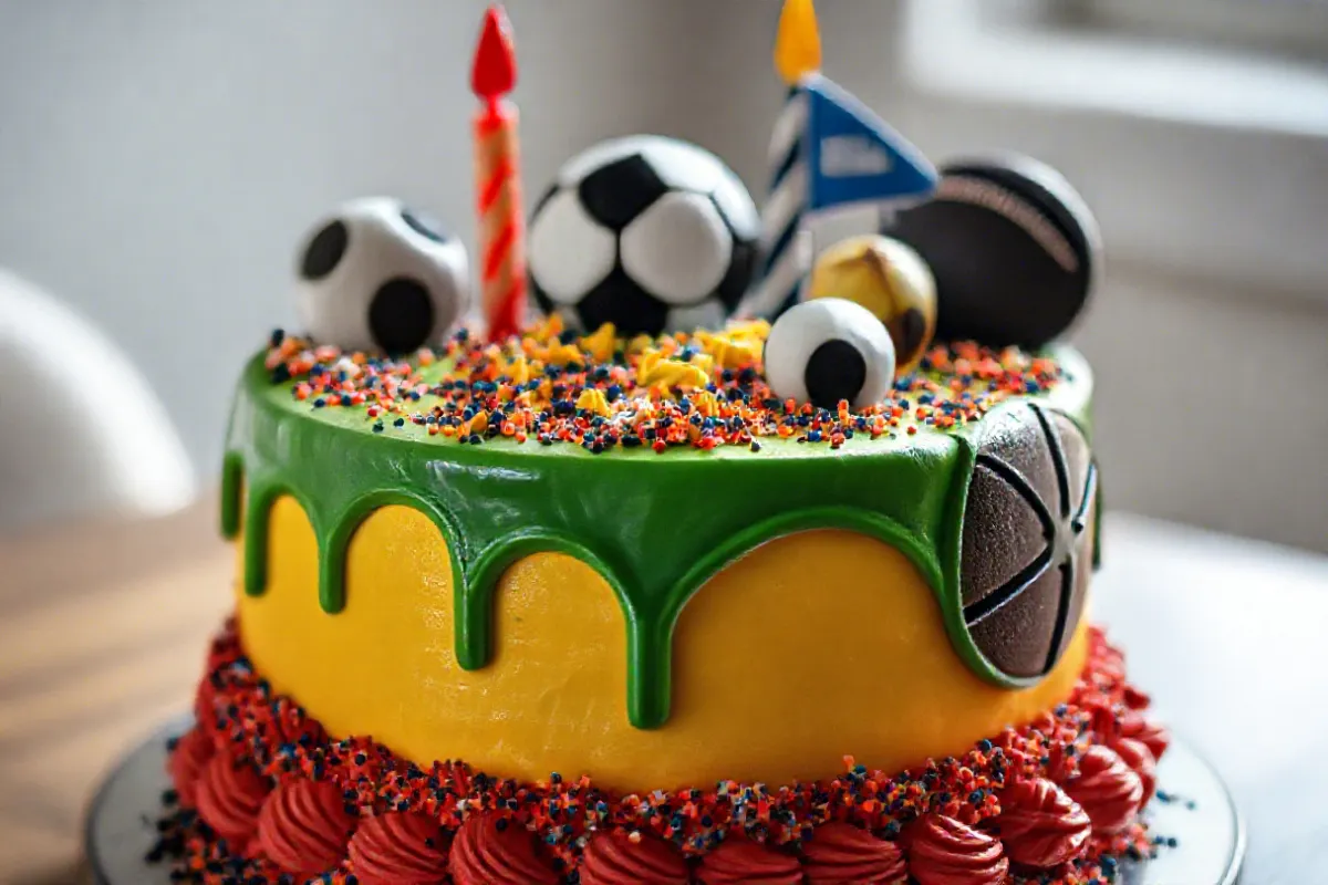 A trendy sports-themed birthday cake for guys with vibrant colors and team logo details.