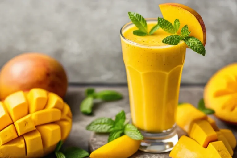 A vibrant glass of smoothie mit mango topped with fresh mint leaves.