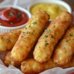 Air-fried frozen corn dogs arranged in a basket with dipping sauces