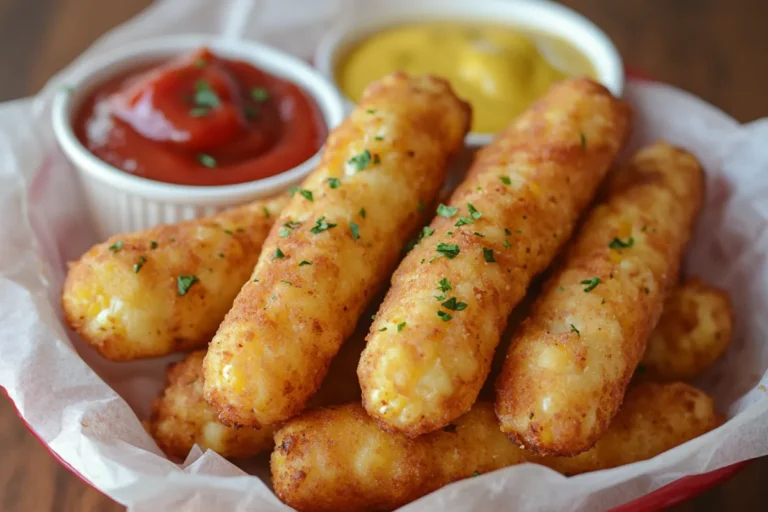 Air-fried frozen corn dogs arranged in a basket with dipping sauces