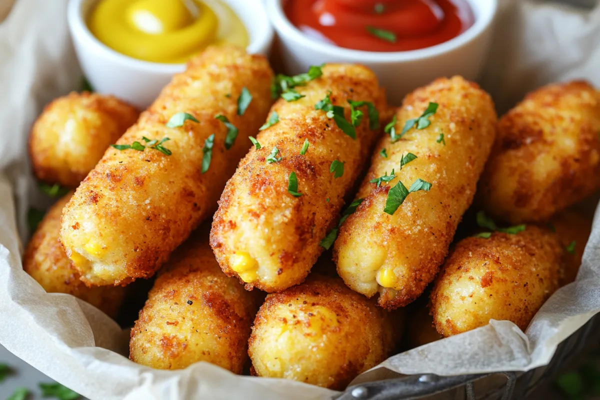 Air-fried frozen corn dogs arranged in a basket with dipping sauces